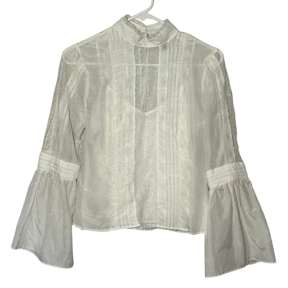 White House Black Market White Lace Pintuck Victorian Silk Blouse Bell Sleeve 2P